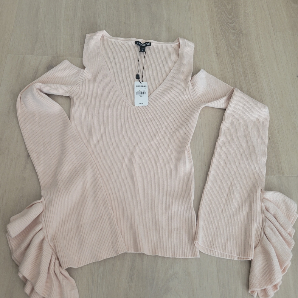 Express Light Pink Ribbed V-Neck Top with Ruffle Bell Sleeves NWT
